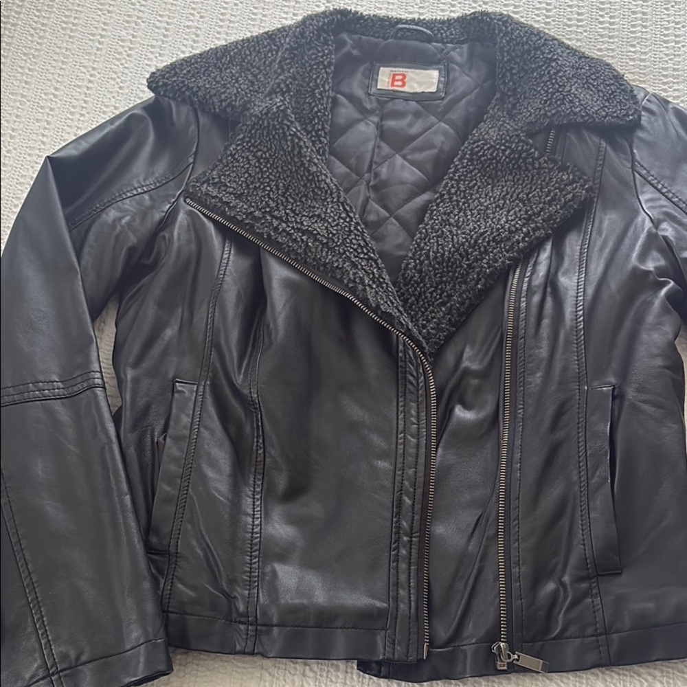 Bernardo Black Leather Jacket with Textured Collar
